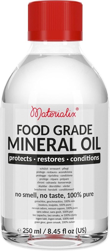 Huile minérale Materialix pour Planches à découper en bois et en Bamboe - Qualité alimentaire - 250 ml