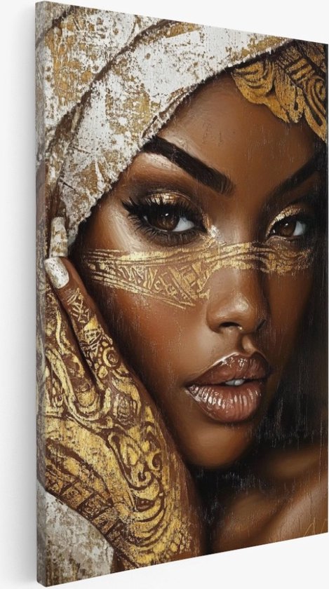 Saammp - Canvas Schilderij - Afrikaanse vrouw - Goude kunst - abstract - 50x70 - Foto op canvas - Wanddecoratie - Muurdecoratie Woonkamer - Slaapkamer decoratie - Canvas Print