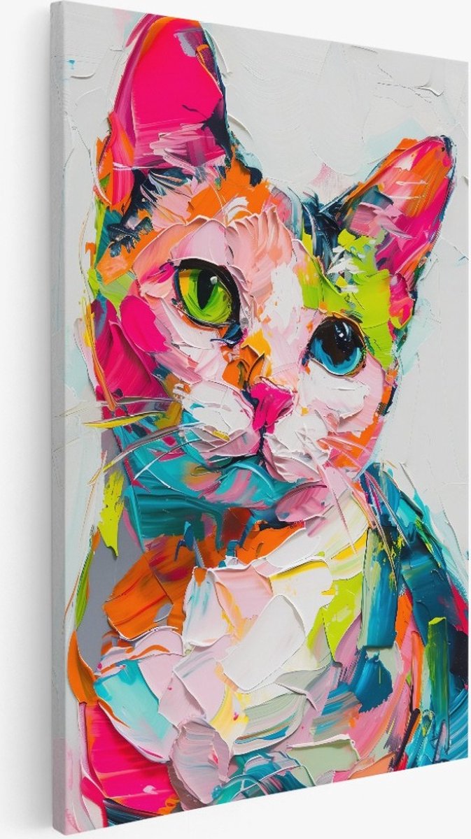Saammp Canvas Schilderij - Kat Penseelstreken - Abstract - Dieren - 75x100 - Foto op canvas - Wanddecoratie - Muurdecoratie Woonkamer - Slaapkamer decoratie - Canvas Print Multicolor