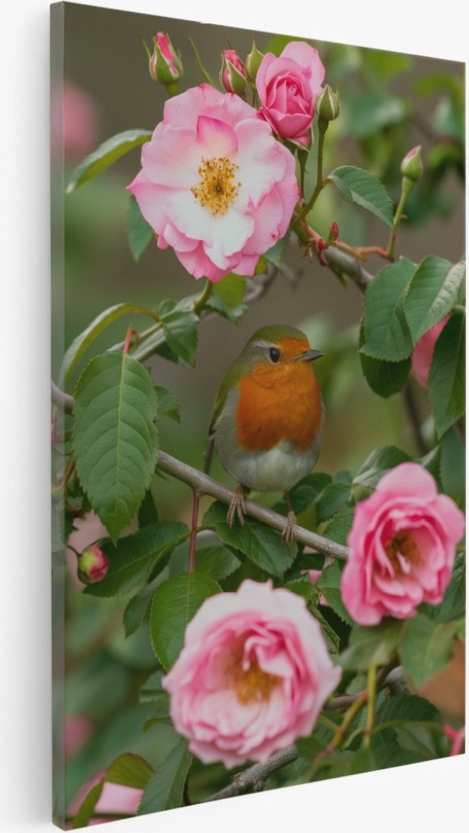 Saammp Canvas Schilderij - Roze bloemen aan tak - Natuur - 30x40 - Foto op canvas - Wanddecoratie - Muurdecoratie Woonkamer - Kantoor Decoratie Multicolor