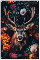 Tuinposter 80x120 cm - Tuindecoratie Hert - Dieren portret - Bloemen - Natuur - Hertenkop - Poster voor in de tuin - Buiten decoratie - Schutting tuinschilderij - Tuindoek muurdecoratie - Wanddecoratie balkondoek