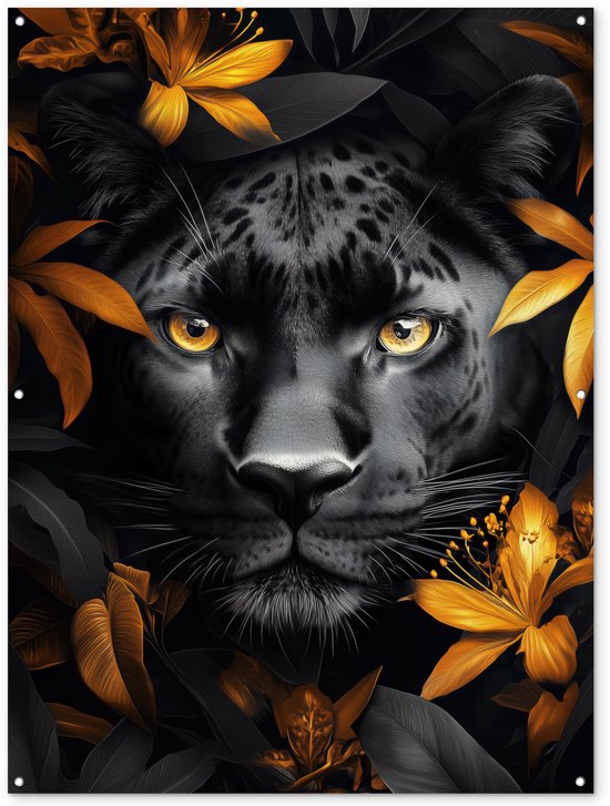 Tuinposter 120x160 cm - Tuindecoratie Zwarte panter - Bloemen - Goud - Natuur - Katachtige - Poster voor in de tuin - Buiten decoratie - Schutting tuinschilderij - Tuindoek muurdecoratie - Wanddecoratie balkondoek