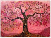 Tuinposter 120x90 cm - Tuindecoratie Boom - Levensboom - Roze - Goud - Poster voor in de tuin - Buiten decoratie - Schutting tuinschilderij - Tuindoek muurdecoratie - Wanddecoratie balkondoek