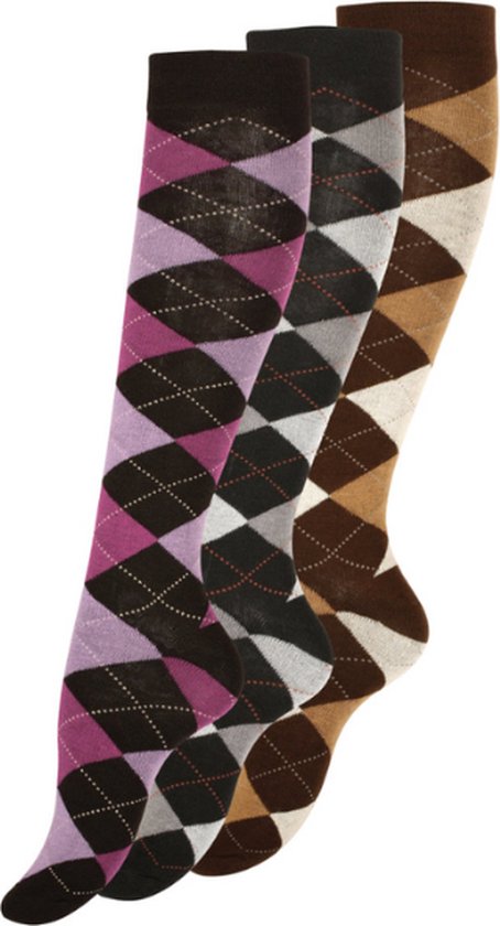 Drie dames kniekousen met ruitpatroon in de kleuren paars, zwart en beige.