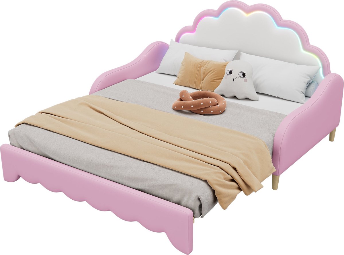 Merax Slaapbank 140x200 cm – Kunstleer Gestoffeerd Bed met LED Verlichting - Afstandsbediening - en Multifunctioneel Ontwerp – Roze
