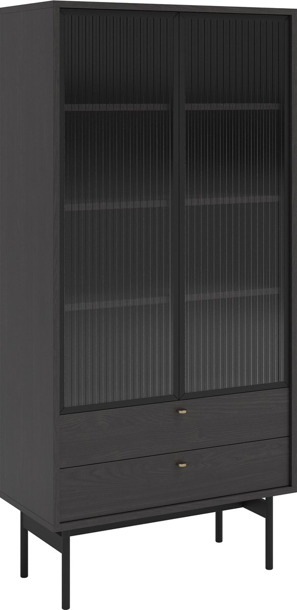 Selsey OLAR - Hoge vitrinekast met vier planken en twee lades - 85 cm - Zwart Portland essenhout
