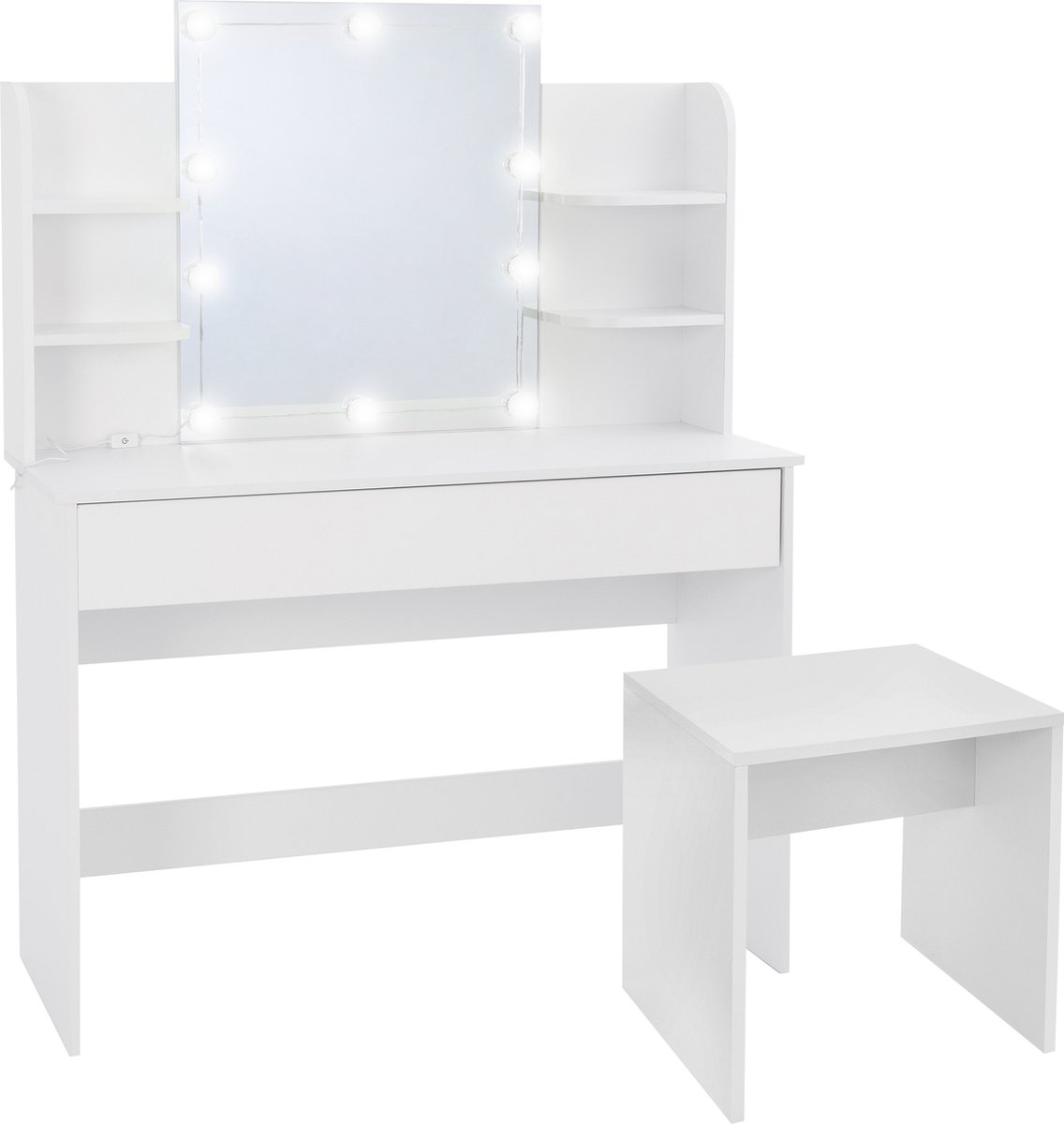 Kaptafel 108x40x140 cm in wit met spiegel, LED-verlichting, grote lade & kruk ML-Design