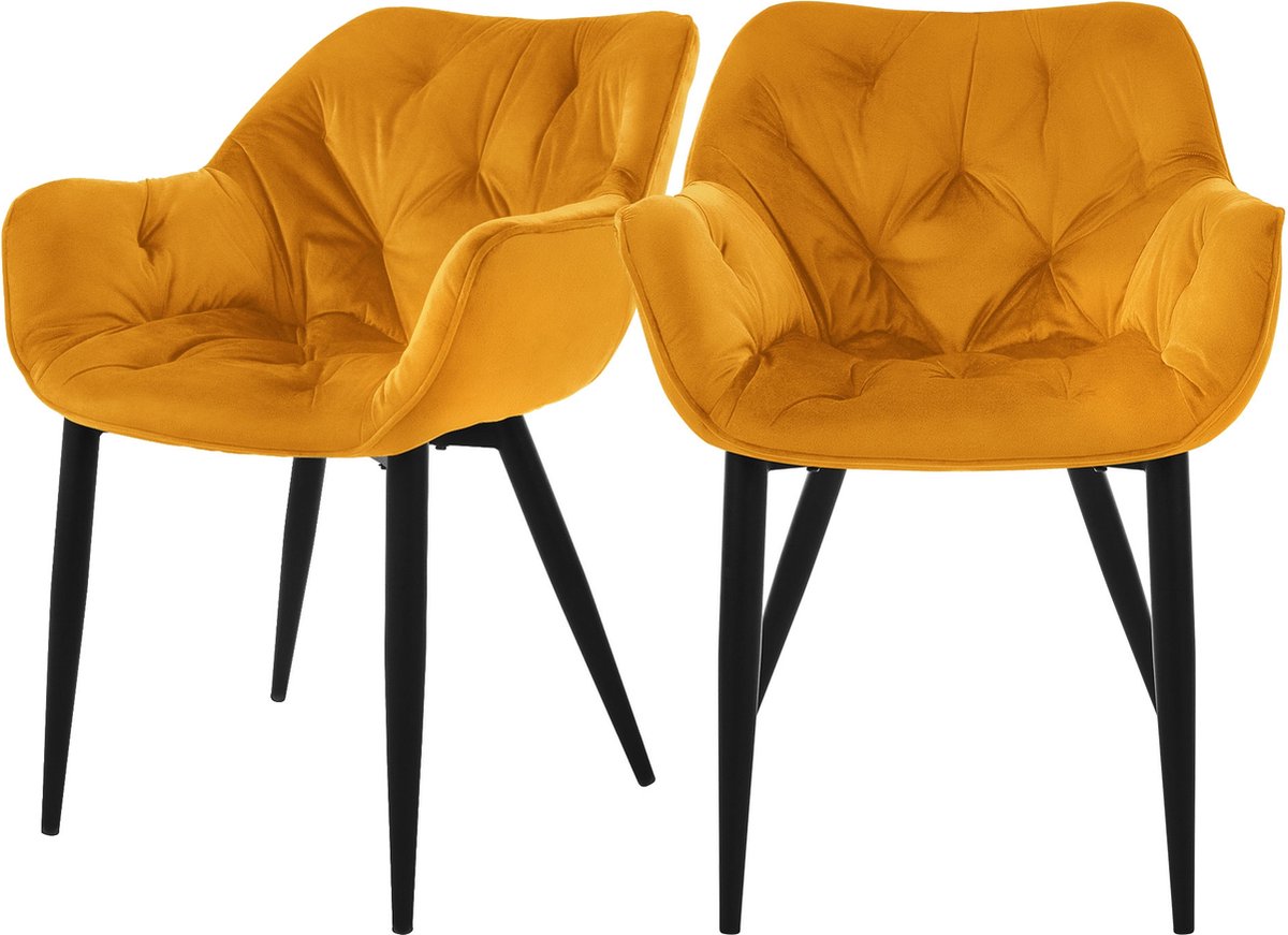 ml-design eetkamerstoelen set van 2 mosterdgeel, keukenstoel met dikke fluwelen gestoffeerde zitting, metalen poten, woonkamerstoel met rugleuning en armleuningen, gewatteerde, ergonomische fauteuil