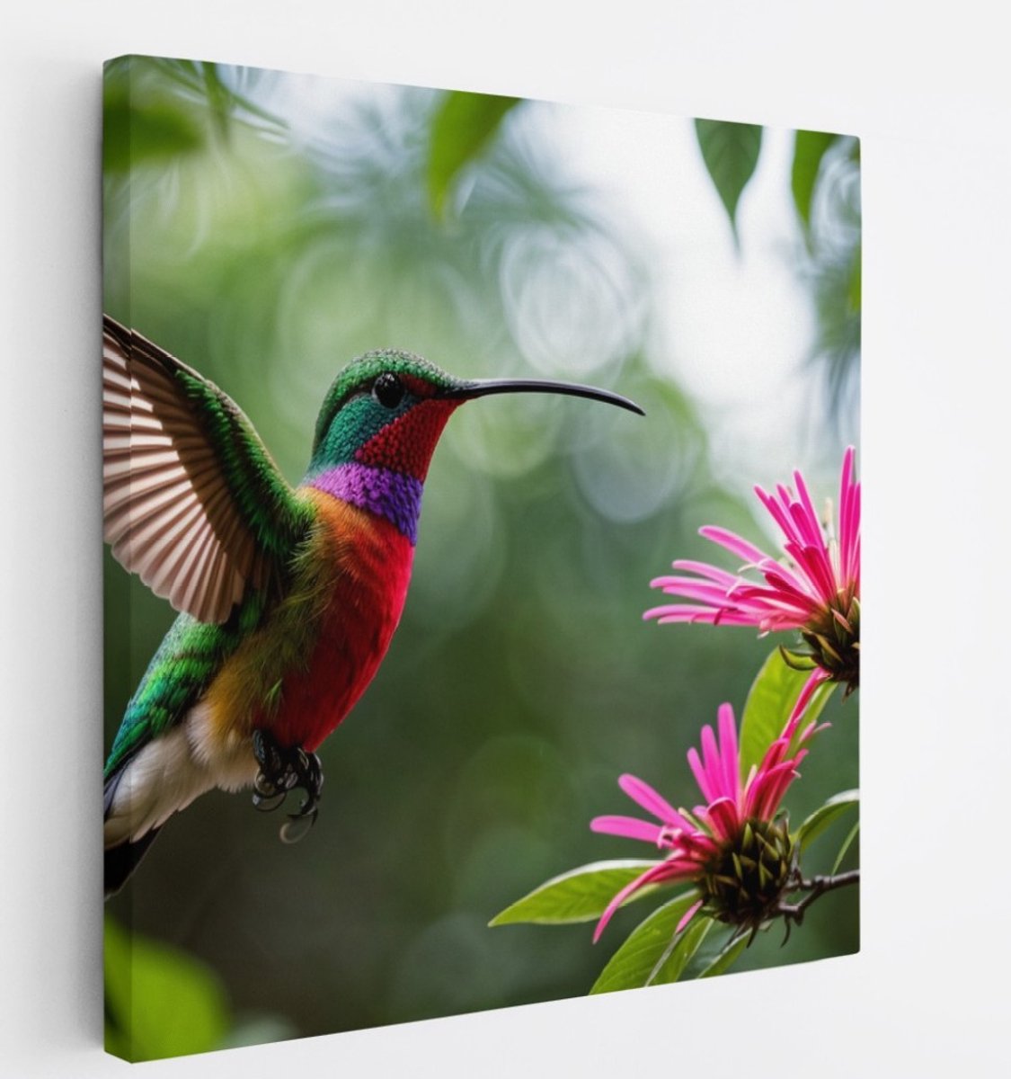 Saammp Canvas Schilderij - Kolibrie - Portret - Natuur - Dieren - 100x100 - Foto op canvas - Wanddecoratie - Muurdecoratie Woonkamer - Slaapkamer decoratie - Canvas Print Multicolor