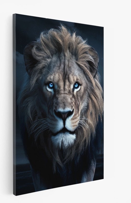Saammp Canvas Schilderij - Leeuw met blauwe ogen - Natuur - Dieren - 50x70 - Foto op canvas - Wanddecoratie - Muurdecoratie Woonkamer - Slaapkamer decoratie - Canvas Print