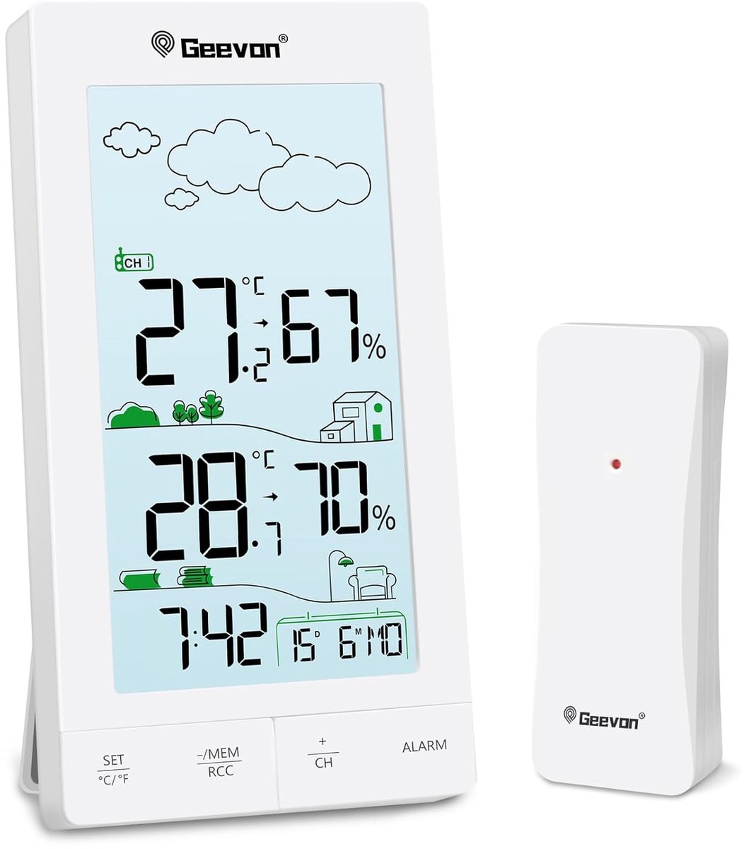 Draadloos Weerstation met Buitensensor - Digitale Thermometer voor Binnen en Buiten - Weersvoorspelling en Klok