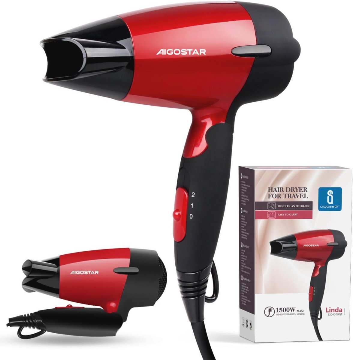 Compacte Reishaardroger met Inklapbare Handgreep - 1500W, Dubbele Spanning - 2 Snelheden en Oververhittingsbeveiliging
