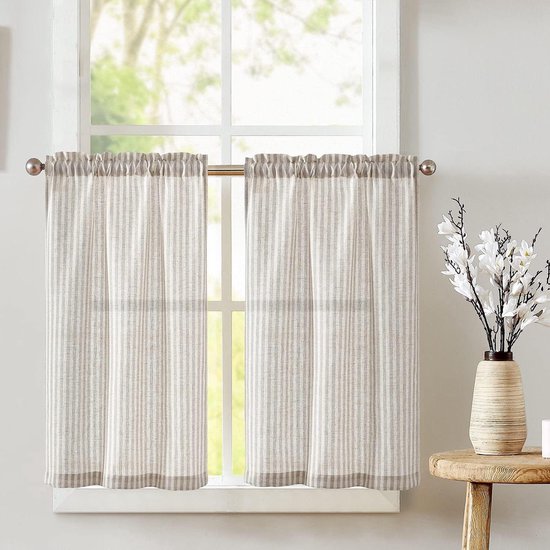 TOPICK Vitrage, bistrogordijn, set van 2 stuks, 60 cm x 63 cm (h x b), grijs, linnenlook, raamgordijn, gaas, sjaals, halftransparant, raamsjaal, keuken, woonkamer, landhuis