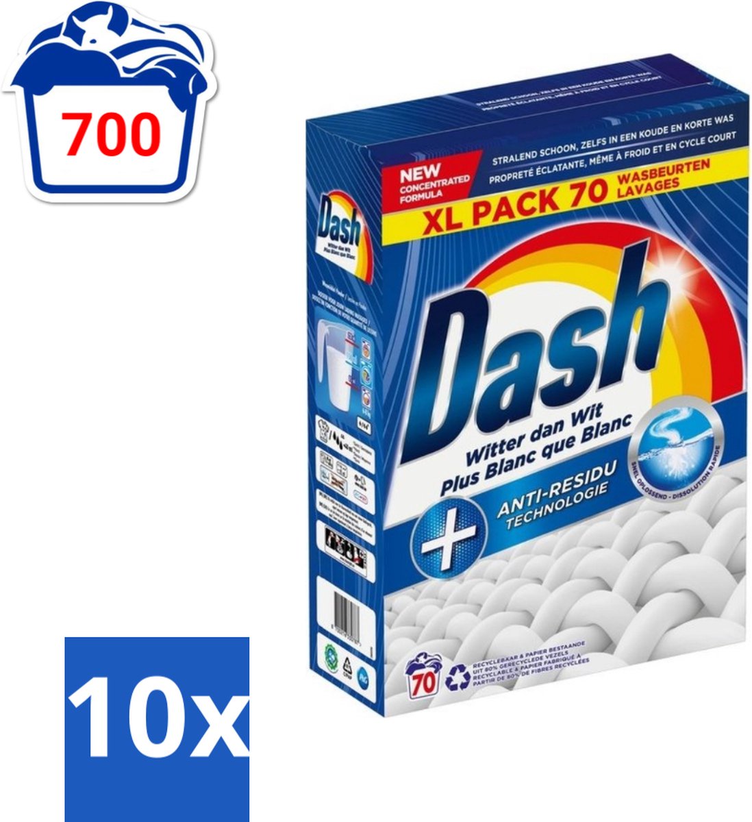 10 x Dash - Witter dan Wit - Snel Oplossend Waspoeder - Witte Was - 70 Wasbeurten - Waspoeder - Witte Was - Anti-residu - Koud Wassen - Energiezuinig