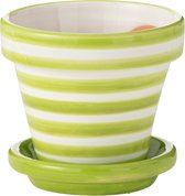 Groene en witte gestreepte pot met schotel. Binnenzijde wit.