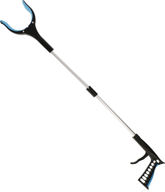 Grijptang met blauwe kaken, zwart handvat en telescopische aluminium steel.