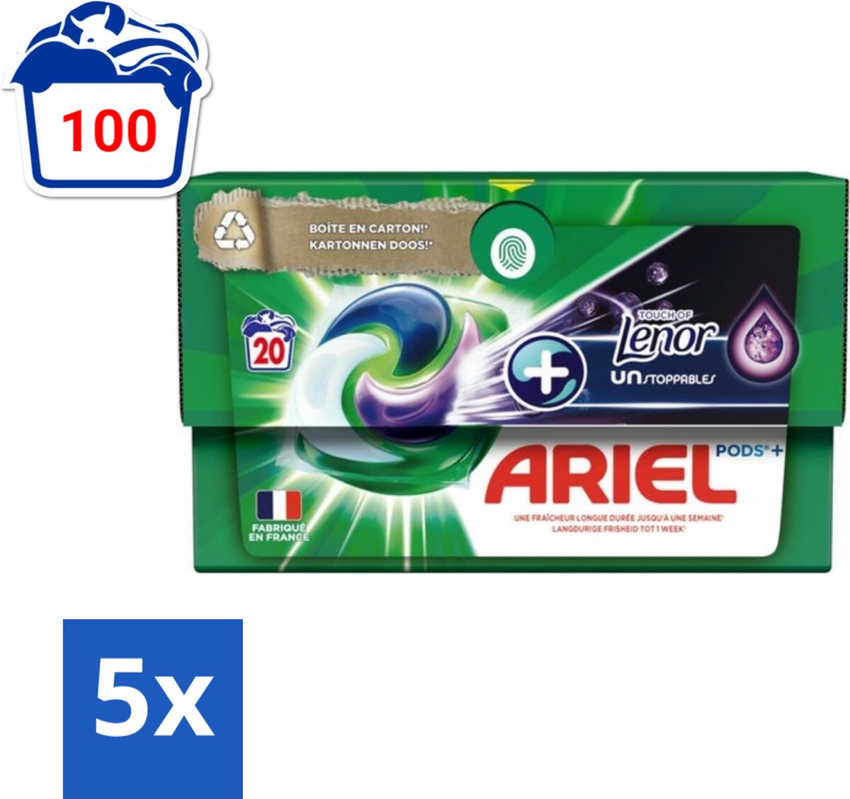 Ariel Original - Touch of Lenor Unstoppables - Wasmiddelcapsules - Pods+ - Witte en Gekleurde Was - 20 Wasbeurten - Bulkverpakking - 5 stuks