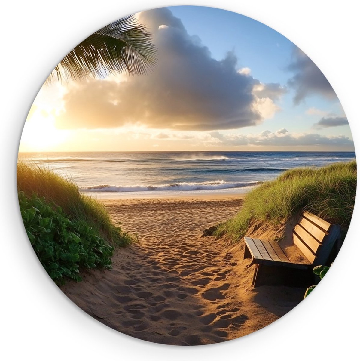 Saammp Forex Muurcirkel - Strand Bankje - Zee - Duinen - Ø 50 - Wandcirkel - Wanddecoratie Cirkel - muurdecoratie Woonkamer - Slaapkamer decoratie - Rond Schilderij