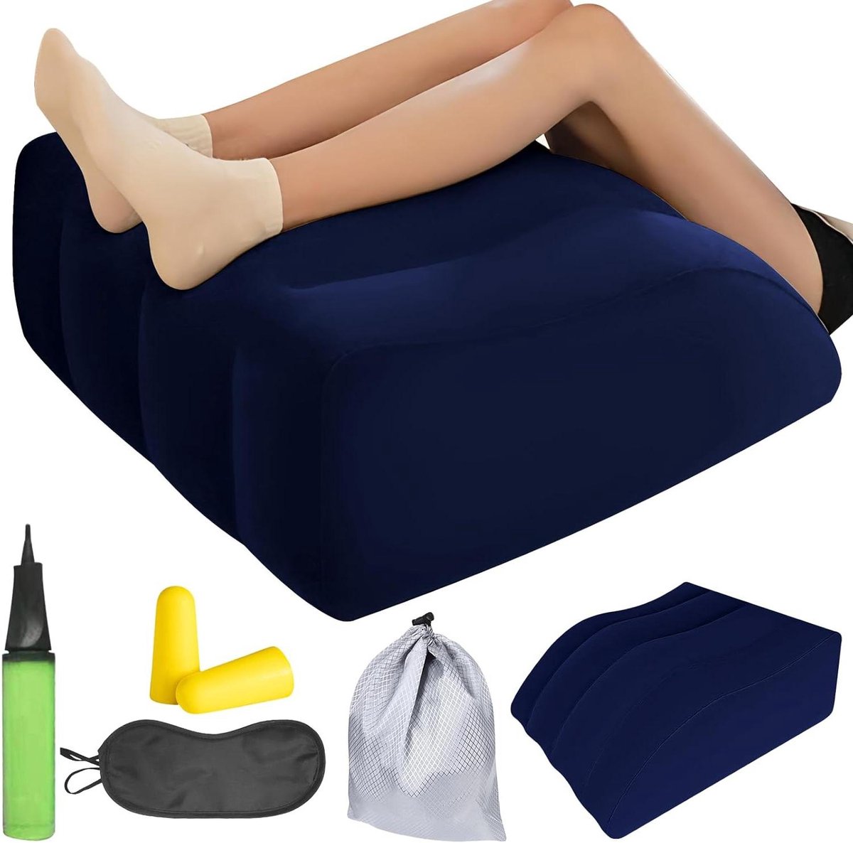 Opblaasbaar wigkussen voor beenverhoging en slaap - aderkussen voor benen en knieën - ademend en wasbaar - blauw .