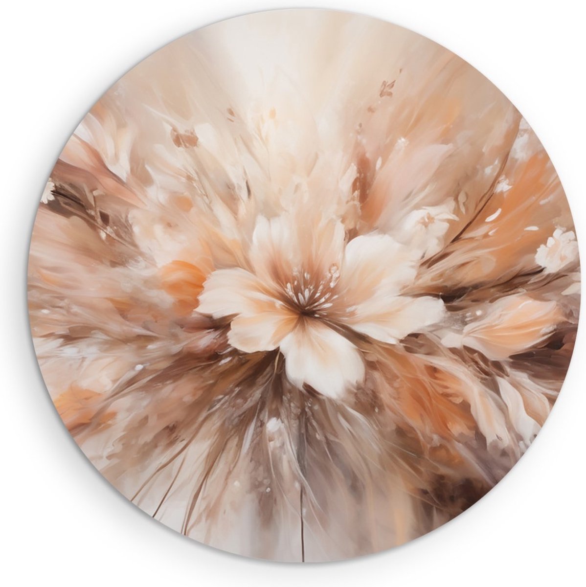 Saammp Muurcirkel Hout - Witte Bloem - Beige - Abstract - Ø 30 - Wandcirkel - Wanddecoratie Cirkel - Muurdecoratie Woonkamer - Kantoor Decoratie