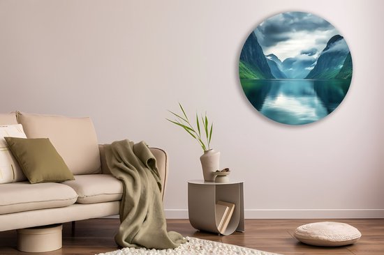 Saammp Forex Muurcirkel - Fjorden met mist - Landschap - Natuur - Ø 30 - Wandcirkel - Wanddecoratie Cirkel - Muurdecoratie Woonkamer - Slaapkamer decoratie - Rond Schilderij