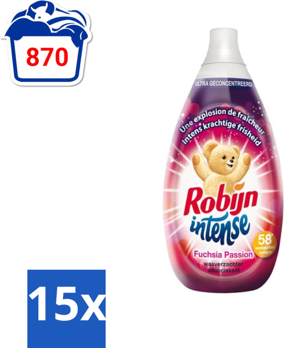15 x Robijn Intense - Wasverzachter - Intense Fuchsia Passion - 870ml - 58 Wasbeurten - Voordeelverpakking - 15 stuks