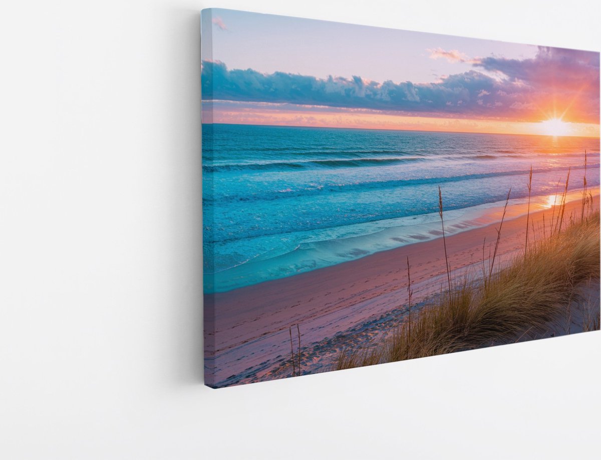Saammp Canvas Schilderij - Zonsondergang - Strand - Zee en Duinen - 45x30 - Foto op canvas - Wanddecoratie - muurdecoratie Woonkamer - Slaapkamer decoratie - Canvas Print Multicolor