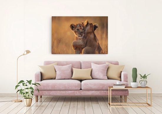 Saammp Canvas Schilderij - Leeuwenwelpen - Dieren - Natuur - 50x40 - Foto op canvas - Wanddecoratie - Muurdecoratie Woonkamer - Slaapkamer decoratie - Canvas Print