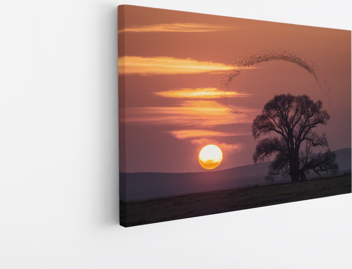 Saammp Canvas Schilderij - Vogels met zonsondergang - Dieren - Bloemen - 45x30 - Foto op canvas - Wanddecoratie - muurdecoratie Woonkamer - Slaapkamer decoratie - Canvas Print Multicolor