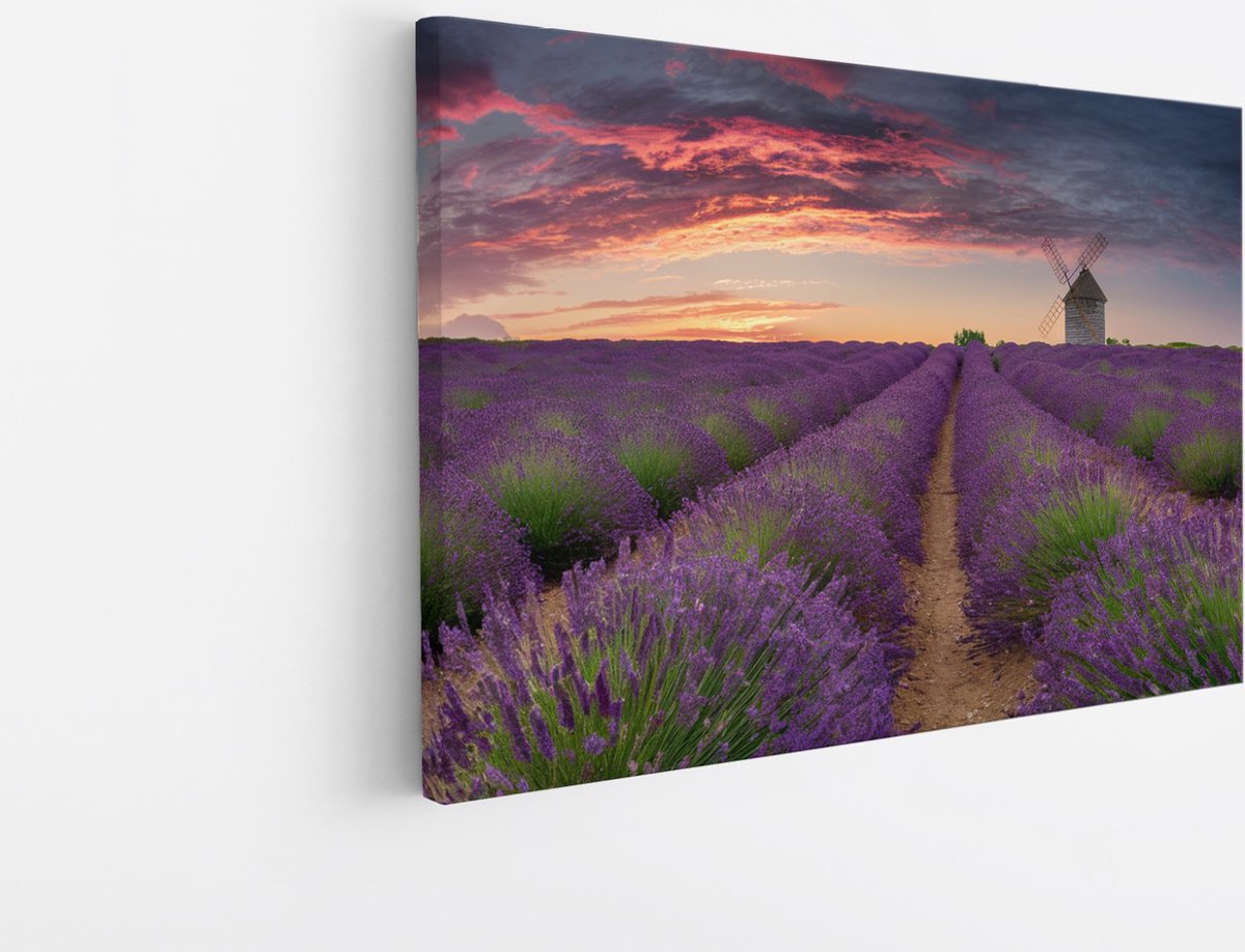 Saammp Canvas Schilderij - Lavendel met mooie lucht en een molen - Natuur - Landschap - 30x20 - Foto op canvas - Wanddecoratie - Muurdecoratie Woonkamer - Slaapkamer decoratie - Canvas Print Multicolor