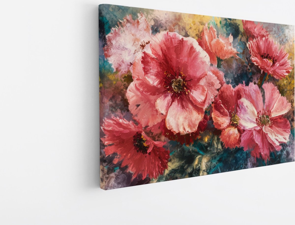 Saammp Canvas Schilderij - grote roze Bloemen - Abstract - 100x75 - Foto op canvas - Wanddecoratie - Muurdecoratie Woonkamer - Kantoor Decoratie Multicolor