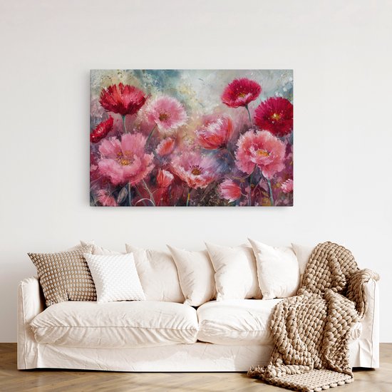 Saammp Canvas Schilderij - Roze met rode bloemen - Abstract - 30x20 - Foto op canvas - Wanddecoratie - Muurdecoratie Woonkamer - Kantoor Decoratie