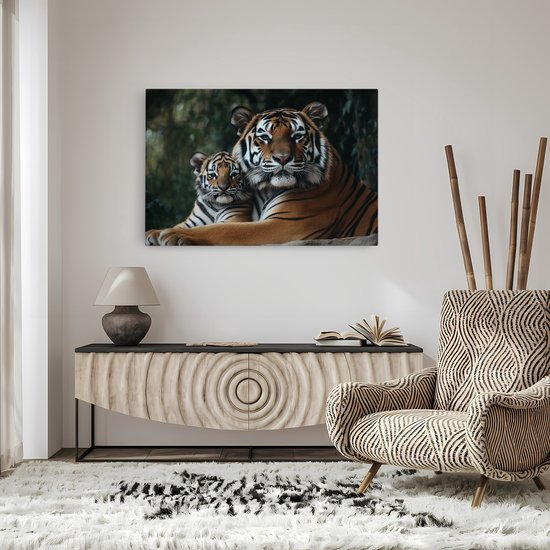 Saammp Canvas Schilderij - Tijger welp met moeder - Natuur - Dieren - 150x100 - Foto op canvas - Wanddecoratie - muurdecoratie Woonkamer - Slaapkamer decoratie - Canvas Print