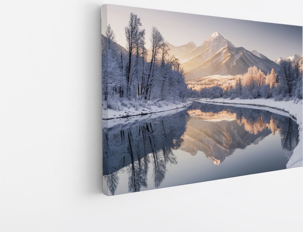 Saammp Canvas Schilderij - Winter Landschap met zonneschijn - Landschap - Natuur - 100x75 - Foto op canvas - Wanddecoratie - Muurdecoratie Woonkamer - Slaapkamer decoratie - Canvas Print Multicolor