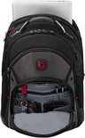 Zwarte rugzak met grijze mesh en rood detail, open vak met laptop en organizer.