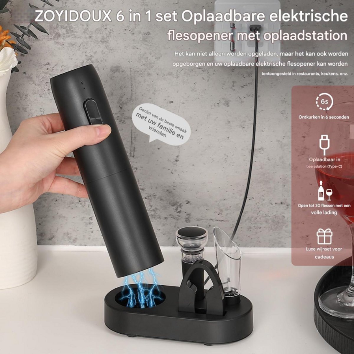 Draadloze elektrische kurkentrekker, automatische flesopener met capsulesnijder, vacuümsluiting en schenktuit voor gezinnen, feestjes