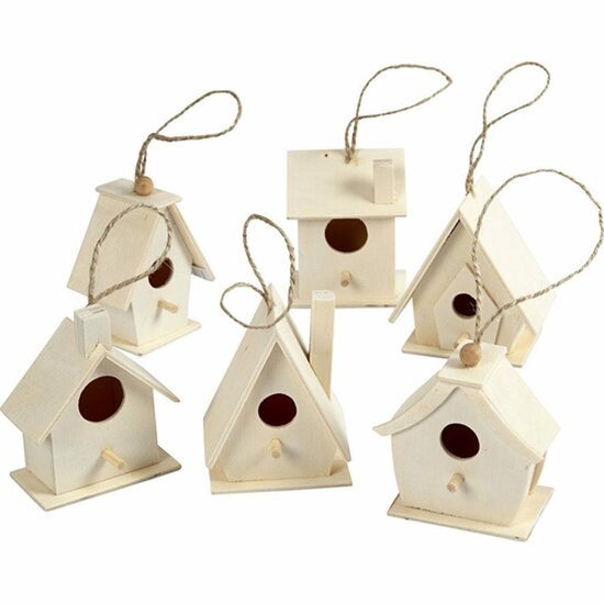 Set van 6 Mini Houten Vogelhuisjes