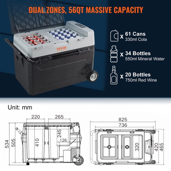 VEVOR Auto Koelkast Camping Koelkast 53 L Koelbox Koelkast Boot 12/24 V Verrijdbare Elektrische Vriezer 2 In 1 Dubbele Zone Autokoelkastcompressor van Merkloos — afbeelding 2