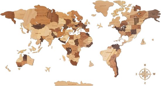 Creawoo Carte du Monde en Bois 3D pour Décoration Murale, Grande Carte du Monde Décoration