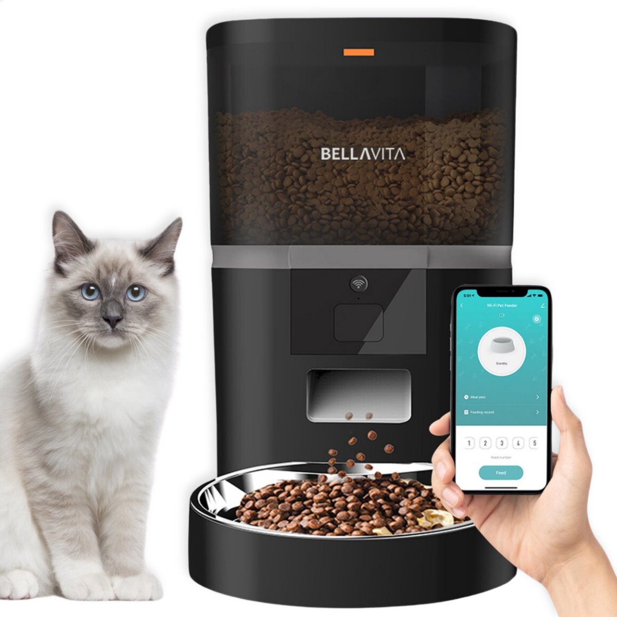 Afbeelding 3 van BELLAVITA® Automatische voerbak zonder Camera - Zwart - Nieuw Model 2024 - Voerautomaat Met App - Voerbak hond - Smartphone Besturing - Voerinhoud 6 Liter - Voor Katten en Hondenvoer - Droogvoer - Automatische voerbak kat - Automatische voerbak