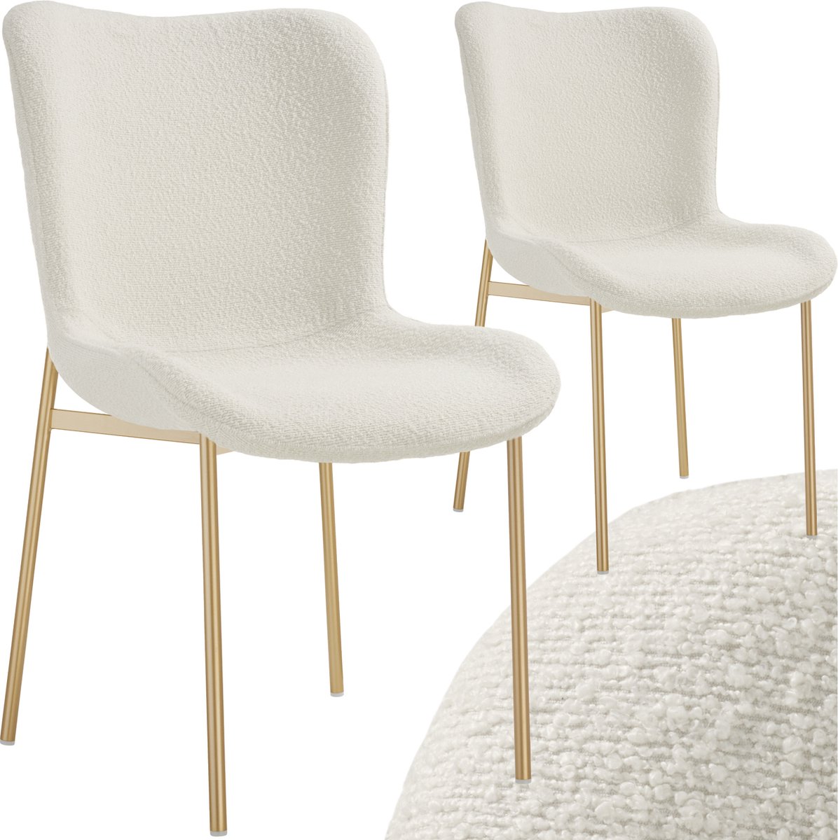 tectake® Gestoffeerde stoel - Eetkamerstoel - Bouclé stof - Ergonomische vorm - Hoge rugleuning - Draagkracht 120 kg - Diverse kleuren - Set van 2 - Wit/goud
