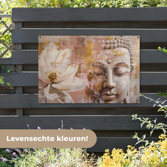 Affiche de jardin 120x80 cm - Décoration de jardin Bouddha - Bloem - Or - Rose - Abstrait - Affiche pour le jardin - Décoration extérieure - Tableau de jardin clôture - Décoration murale sur toile de jardin - Décoration murale sur toile de balcon