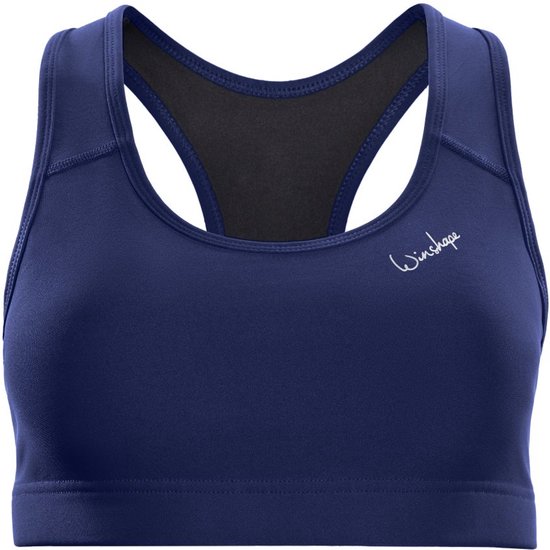 Donkerblauwe sportbeha met racerback-model en het 'Winshape' logo op de borst.