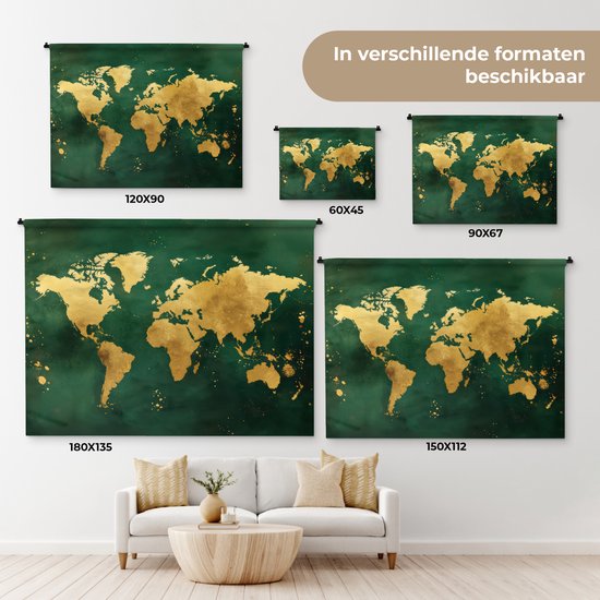 Wandkleed 60x45 cm - Wanddoek Wereldkaart - Groen - Goud - Wandtapijt - Wandkleden