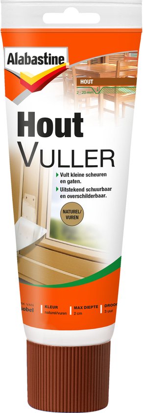 Alabastine houtvuller, naturel/vuren kleur, in tube met bruine dop. Vult kleine scheuren en gaten.