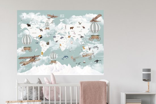 Muurstickers - Sticker Folie - Wereldkaart - Kind - Vliegtuig - 120x90 cm - Plakfolie - Muurstickers Kinderkamer - Zelfklevend Behang - Zelfklevend behangpapier - Stickerfolie