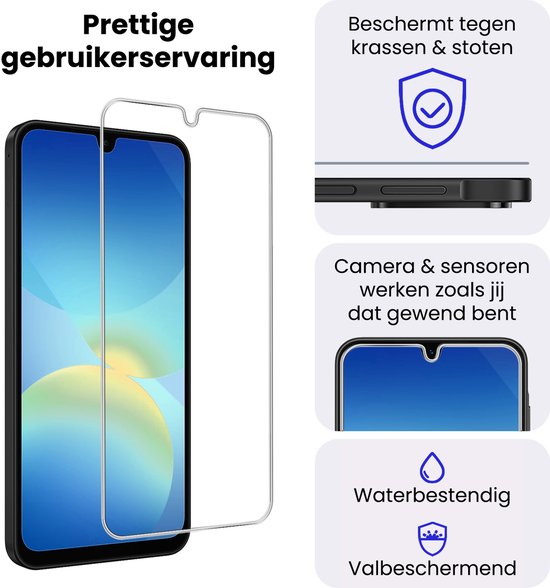 Schermprotector naast een telefoon, met icoontjes die beschermen tegen krassen, water en vallen.