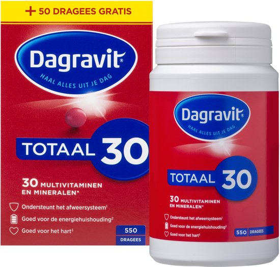 Dagravit Totaal 30 multivitaminen doos en pot met 550 dragees.