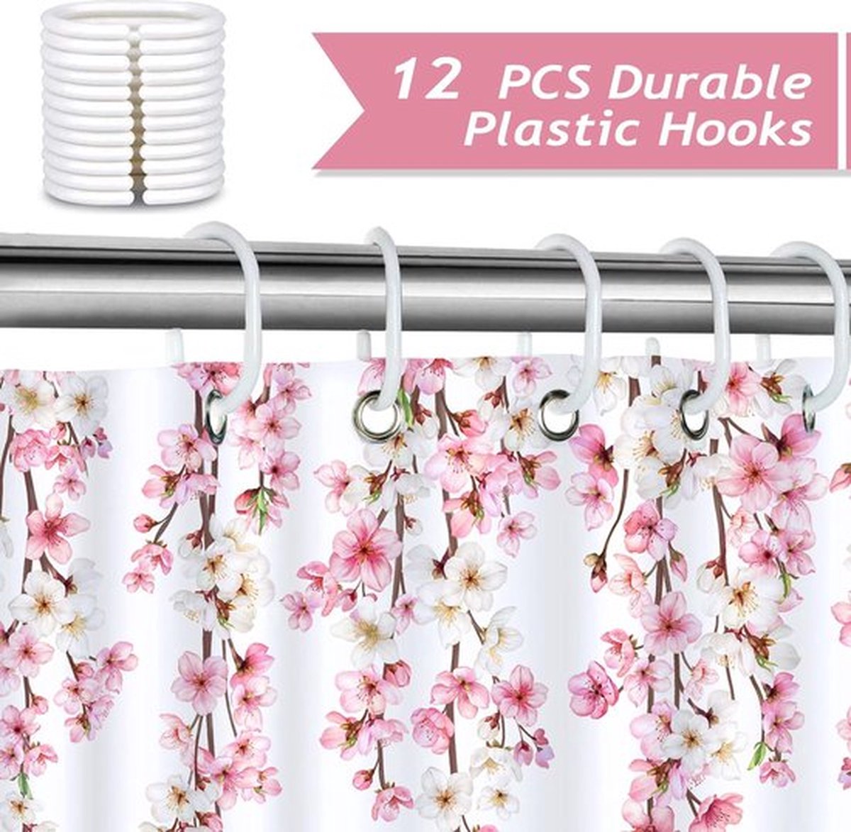 Roze kersenbloesem douchegordijn Japanse Sakura bloemen lente badkamer gordijn 180 x 180 cm waterdicht schimmel- en schimmelbestendig polyester stof badgordijn met 12 haken