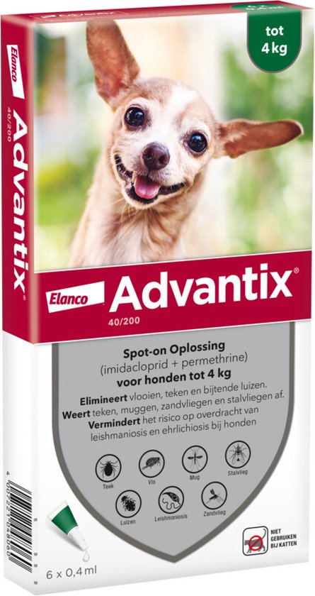 Verpakking Advantix voor honden tot 4 kg met een lachende chihuahua.